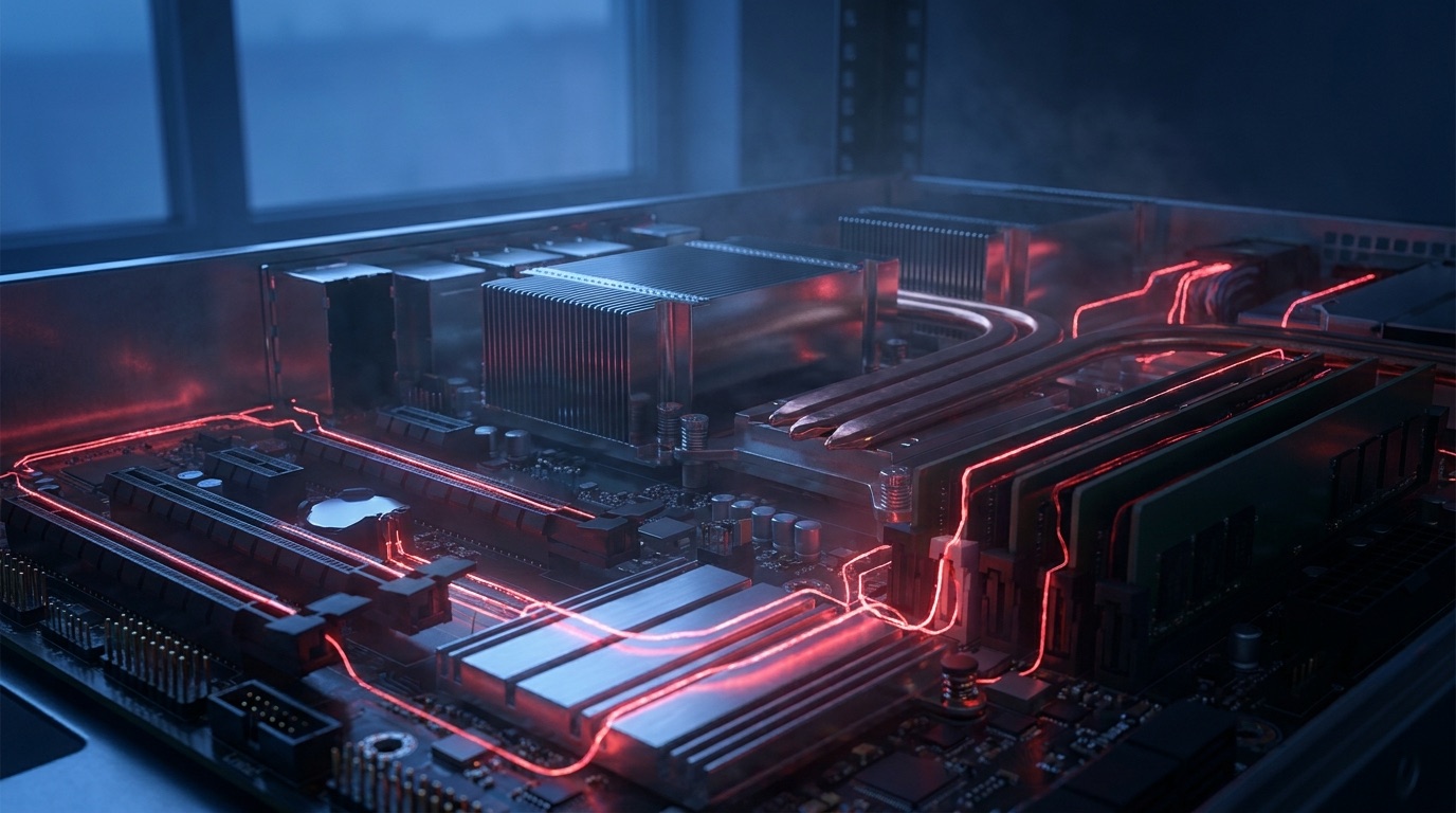 A clean, modern data centre interior with rows of server racks